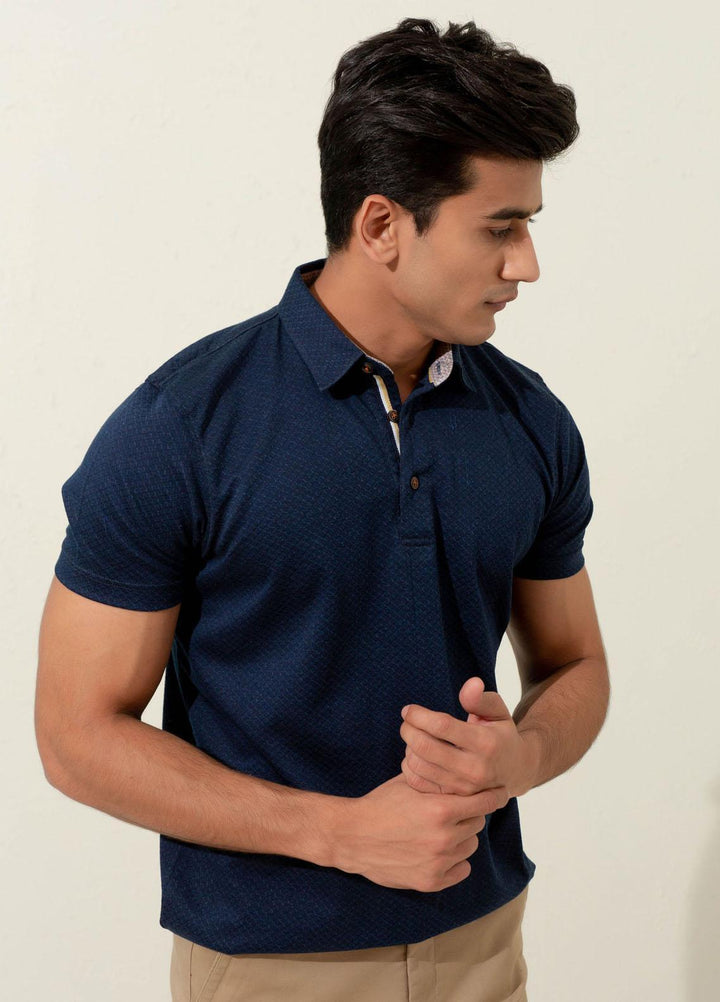 Brumano Cotton Polo T-Shirts for Men -   Navy Blue Geo Patterned Mercerized Polo
