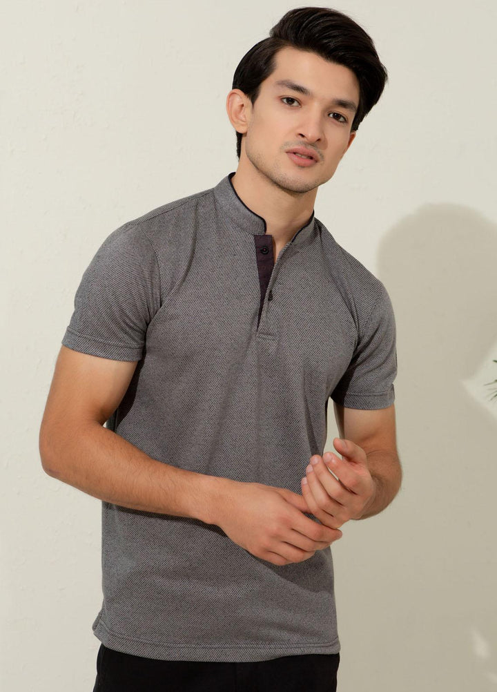 Brumano Cotton Polo T-Shirts for Men -   Grey Striped Mao Collar Polo Shirt