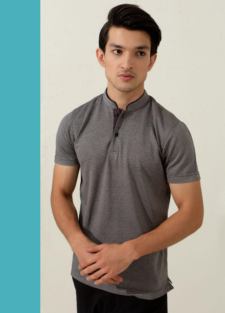 Brumano Cotton Polo T-Shirts for Men -   Grey Striped Mao Collar Polo Shirt