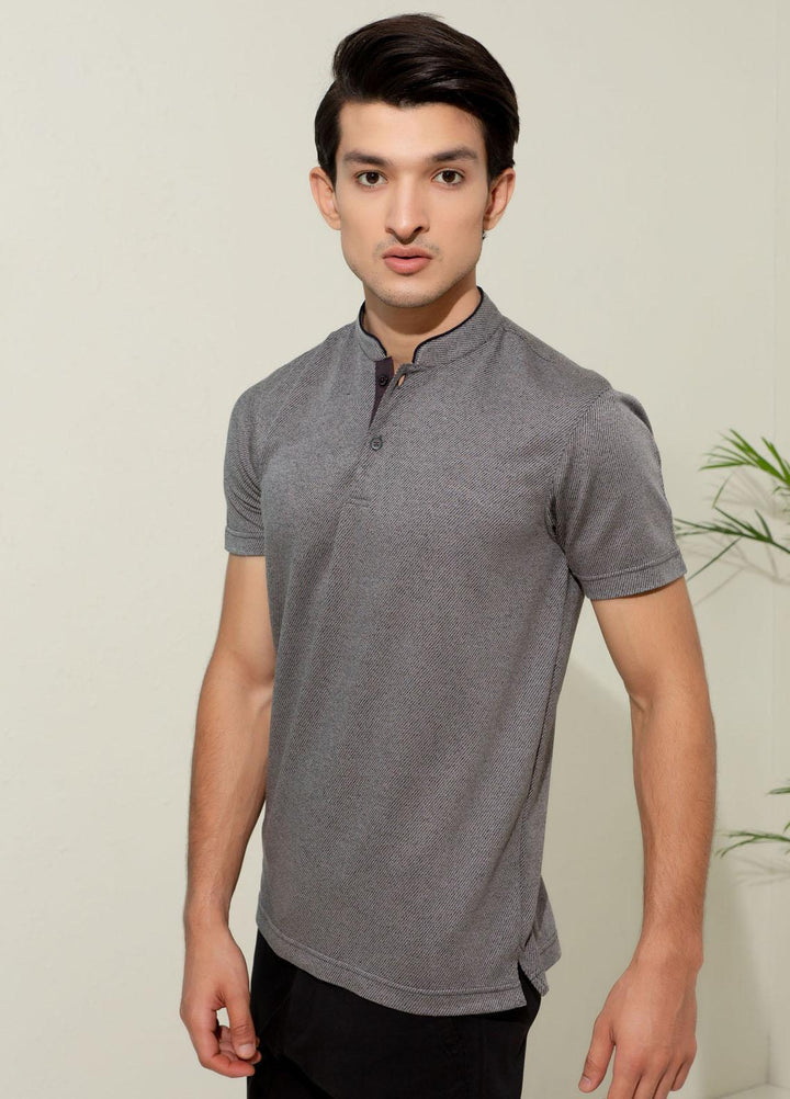 Brumano Cotton Polo T-Shirts for Men -   Grey Striped Mao Collar Polo Shirt
