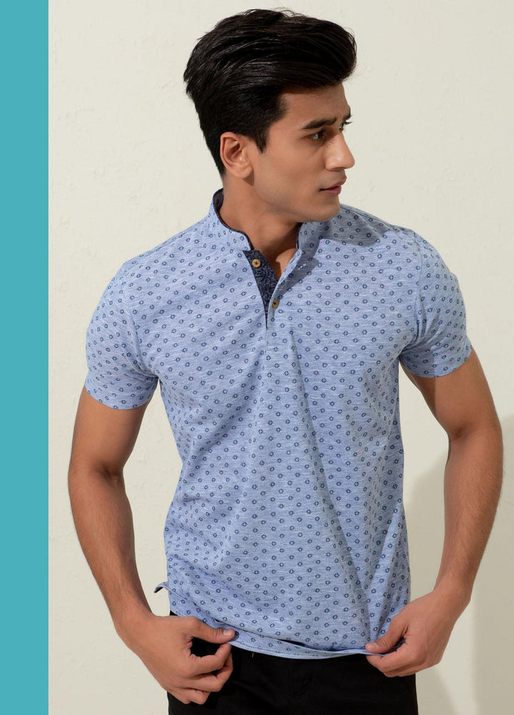 Brumano Cotton Polo Men T-Shirts -   Blue Pique Printed Mao Collar Polo Shirt