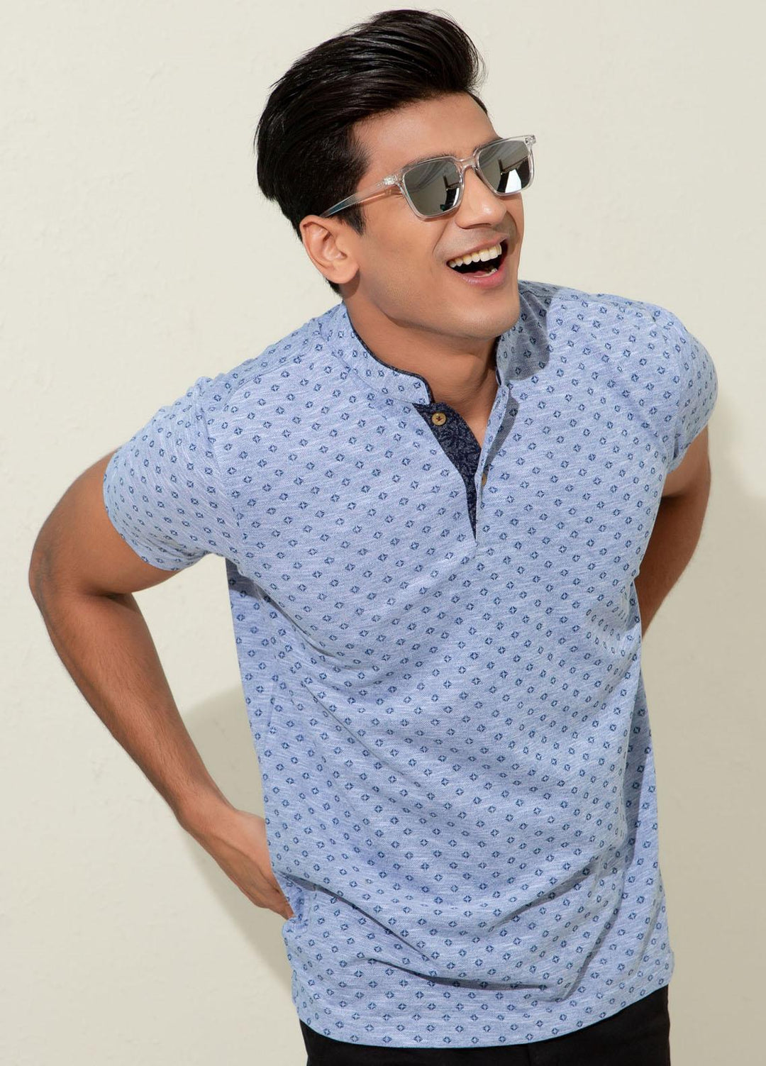 Brumano Cotton Polo Men T-Shirts -   Blue Pique Printed Mao Collar Polo Shirt