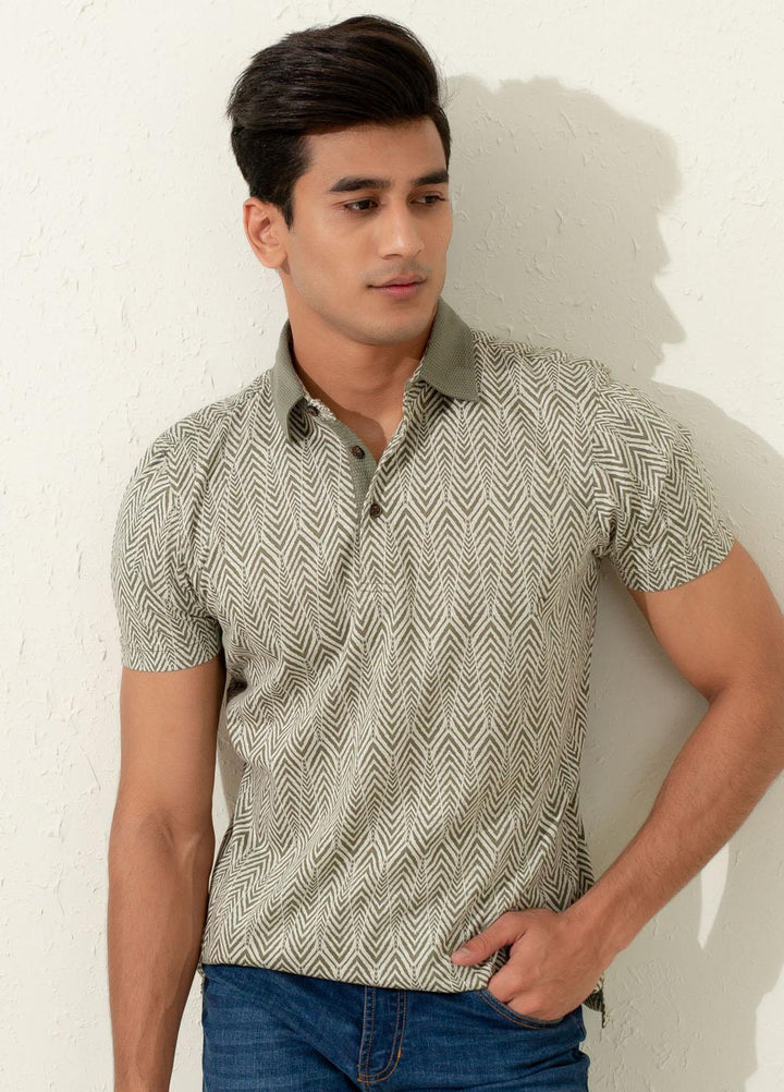 Brumano Cotton Polo T-Shirts for Men -   Olive Jacquard Zig-Zag Patterned Polo