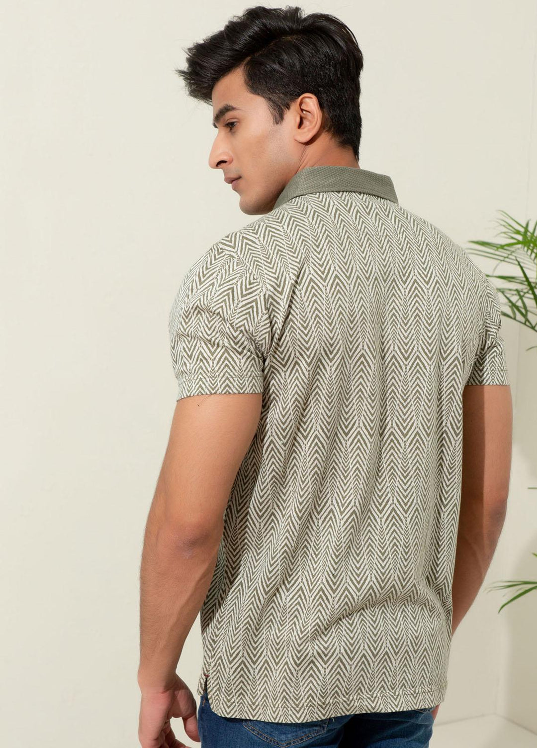 Brumano Cotton Polo T-Shirts for Men -   Olive Jacquard Zig-Zag Patterned Polo