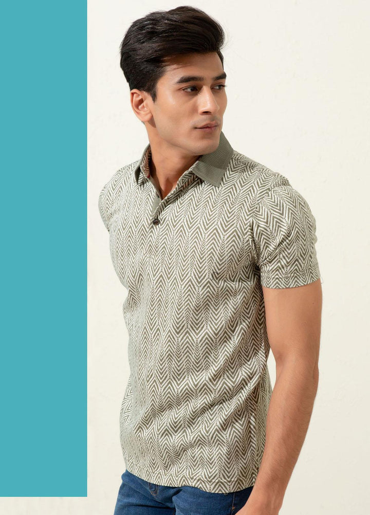 Brumano Cotton Polo T-Shirts for Men -   Olive Jacquard Zig-Zag Patterned Polo