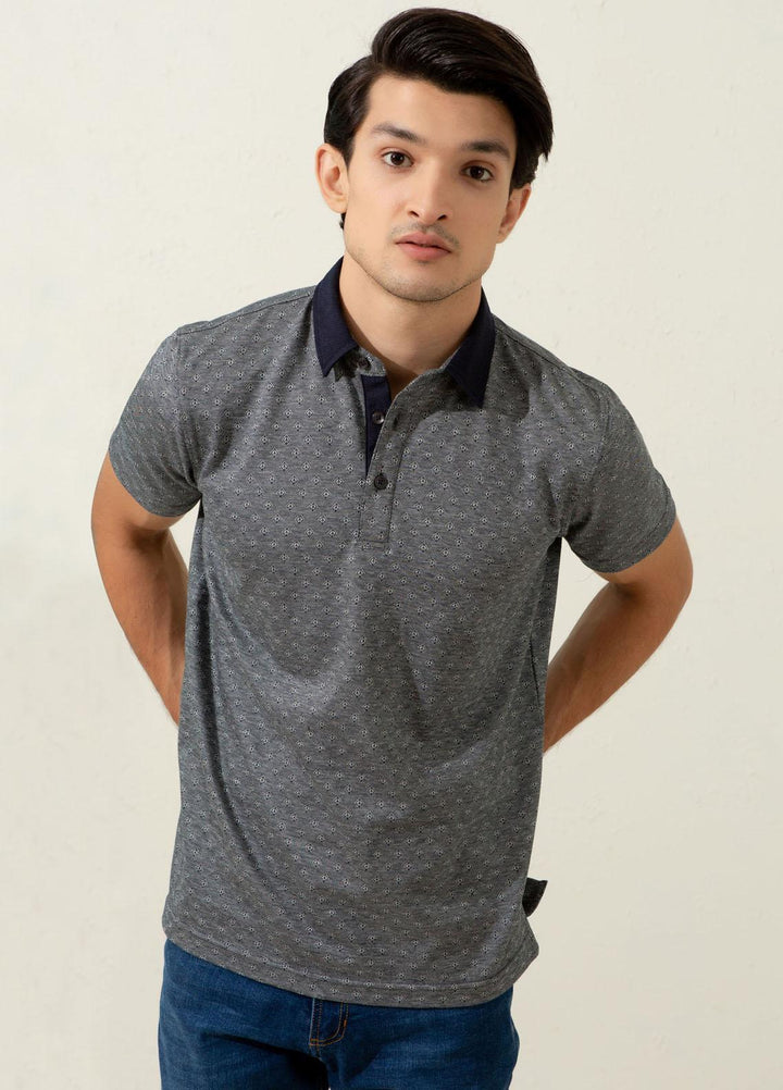 Brumano Cotton Polo Men T-Shirts -   Grey Geometric Jacquard Polo With Contrasting Collar