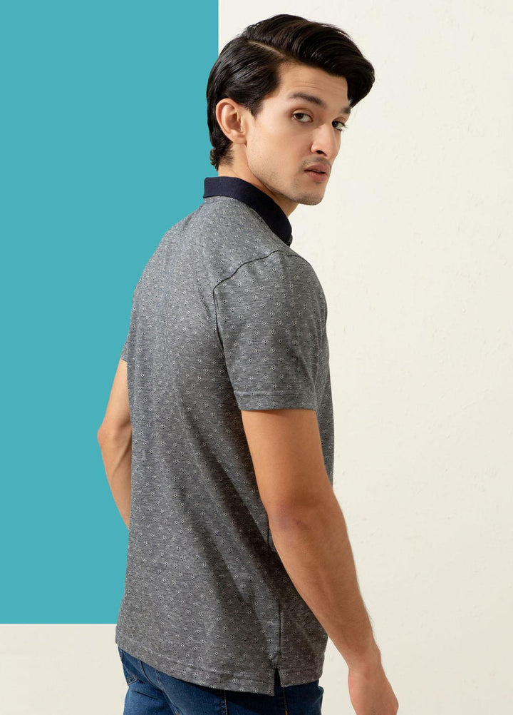 Brumano Cotton Polo Men T-Shirts -   Grey Geometric Jacquard Polo With Contrasting Collar