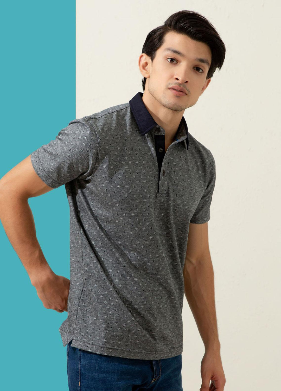 Brumano Cotton Polo Men T-Shirts -   Grey Geometric Jacquard Polo With Contrasting Collar