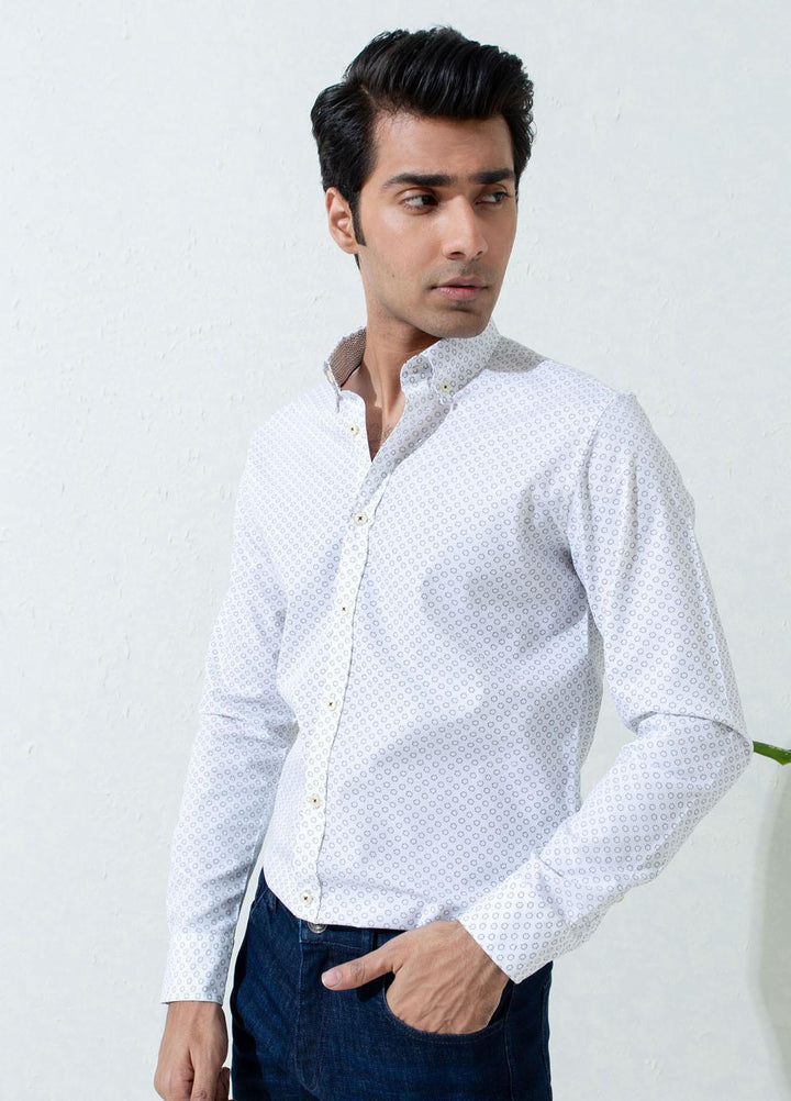 Brumano Cotton Casual Men Shirts -  White Printed Shirt With Inner Collar Detailing