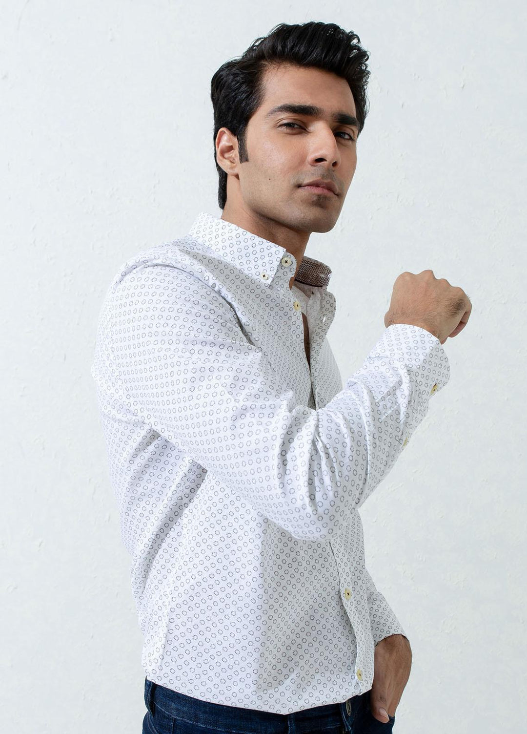 Brumano Cotton Casual Men Shirts -  White Printed Shirt With Inner Collar Detailing