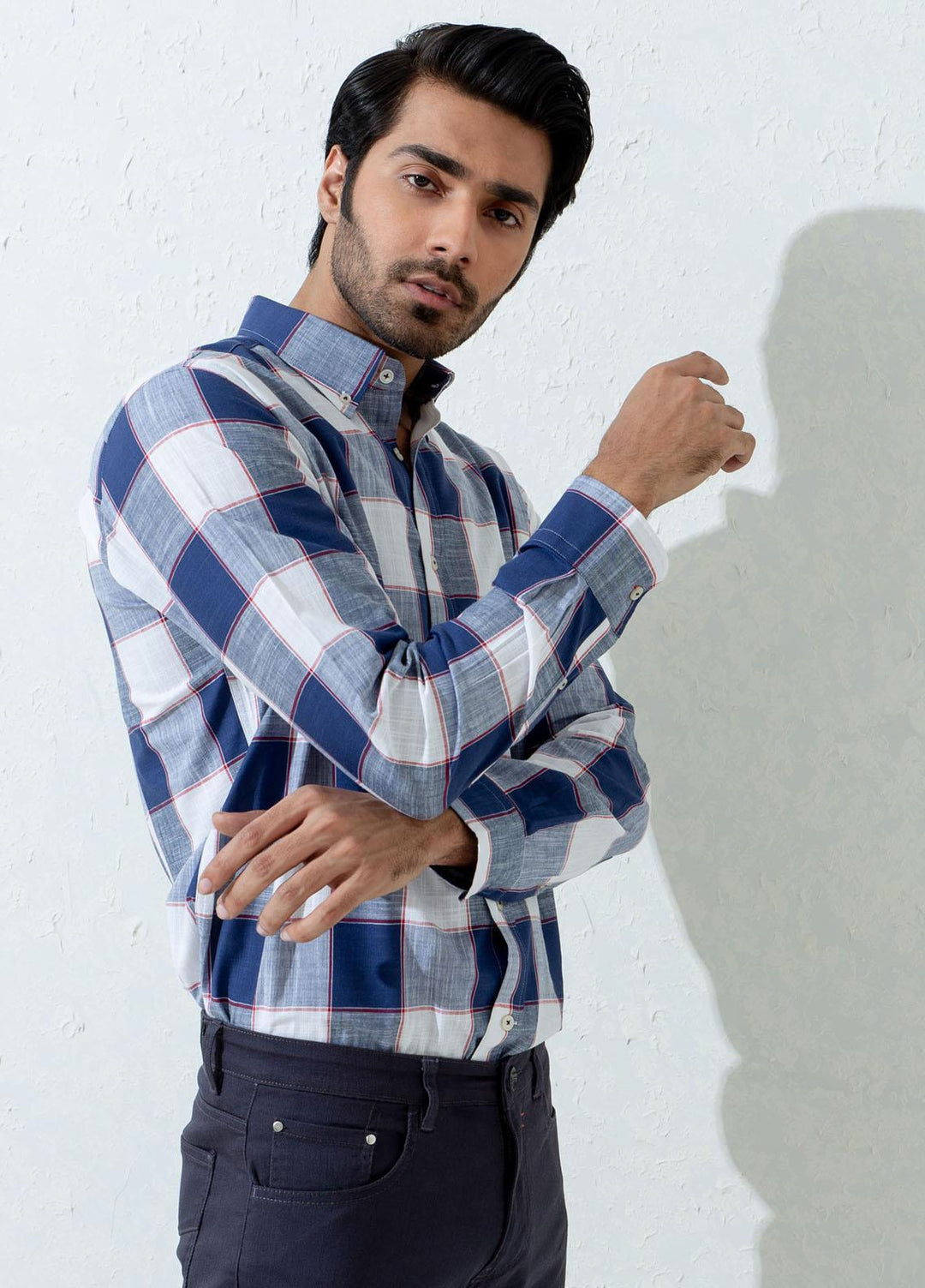 Brumano Cotton Casual Shirts for Men -  Blue & White Slub Textured Checkered