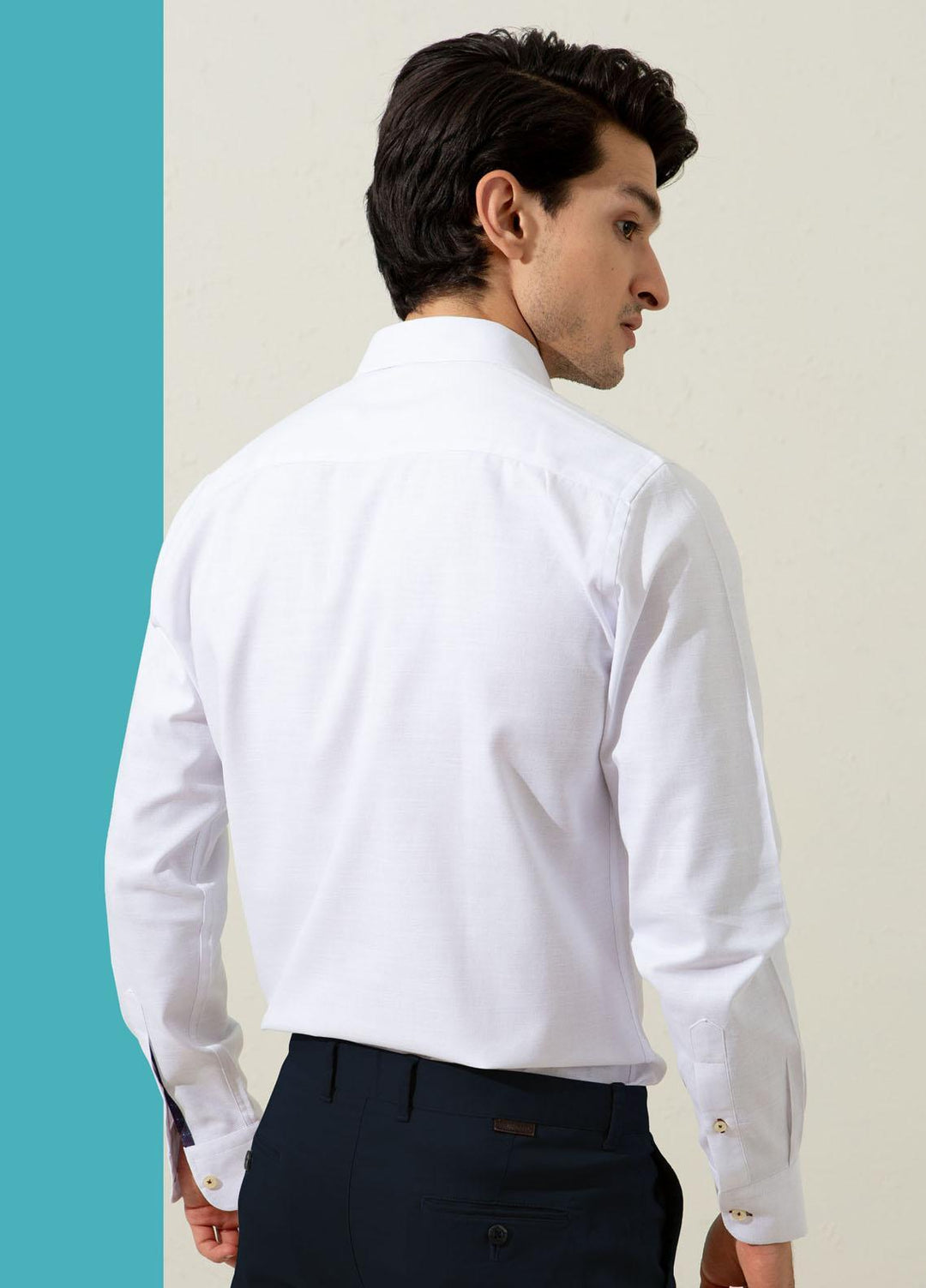Brumano Cotton Casual Men Shirts -  White Herringbone Shirt With Inside Collar Detailing