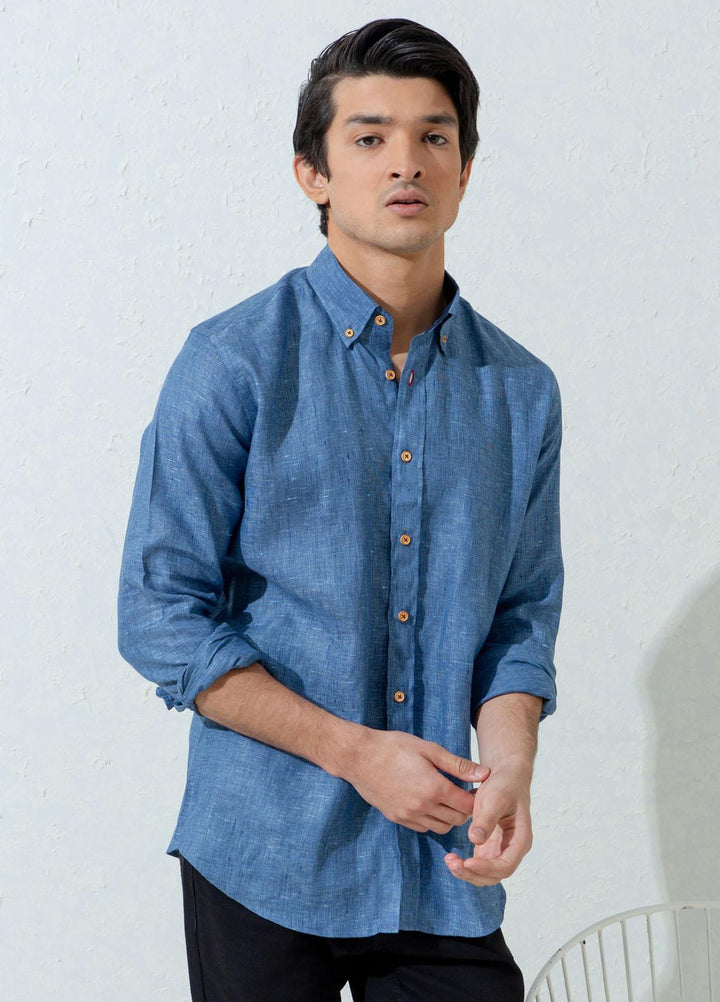 Brumano Linen Casual Shirts for Men -  Blue Linen Structured Button Down