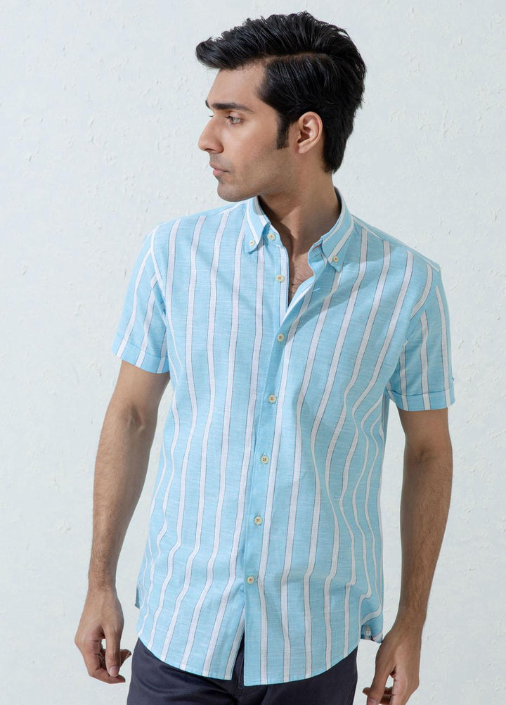 Brumano Cotton Casual Men Shirts -  Blue Linen Striped Half Sleeve