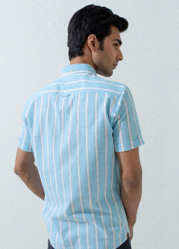 Brumano Cotton Casual Men Shirts -  Blue Linen Striped Half Sleeve