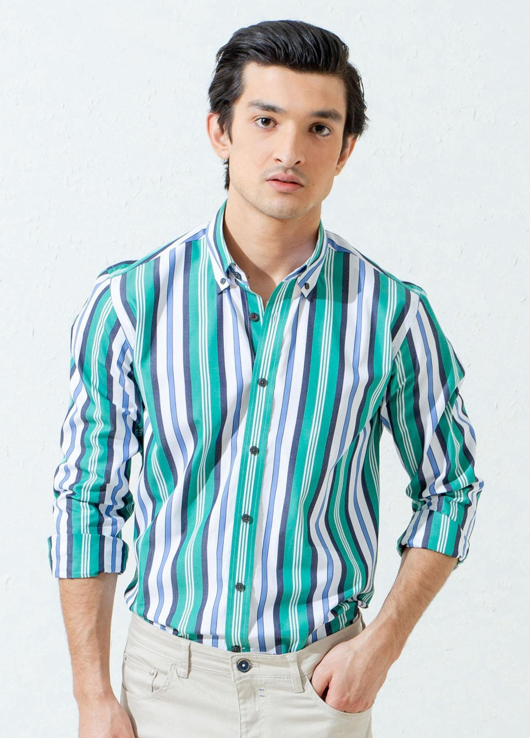 Brumano Cotton Casual Shirts for Men -  Green Bold Striped