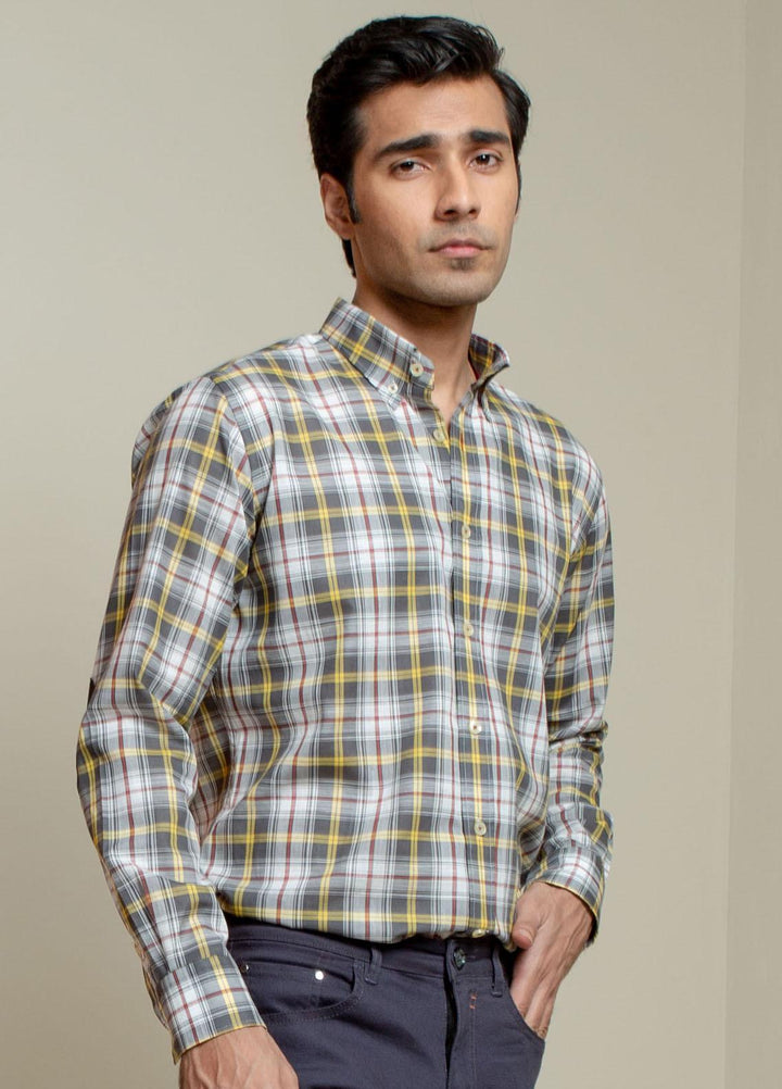 Brumano Cotton Casual Men Shirts -  Grey & Yellow Checkered Light Weight