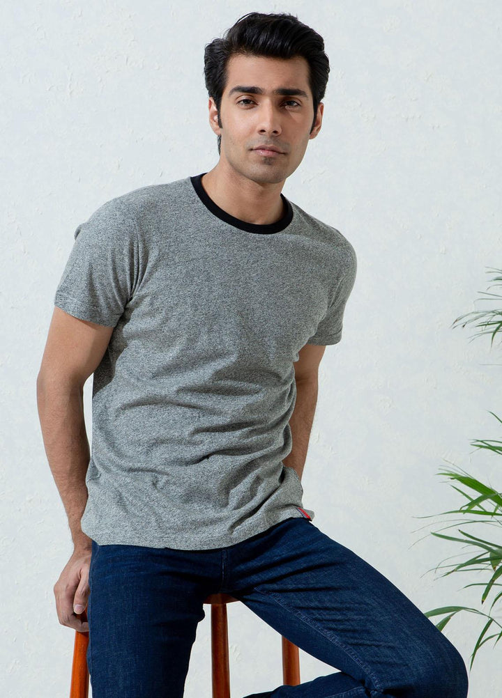 Brumano Cotton Formal T-Shirts for Men -  Grey Marl Crew Neck T-Shirt With Contrasting Rib