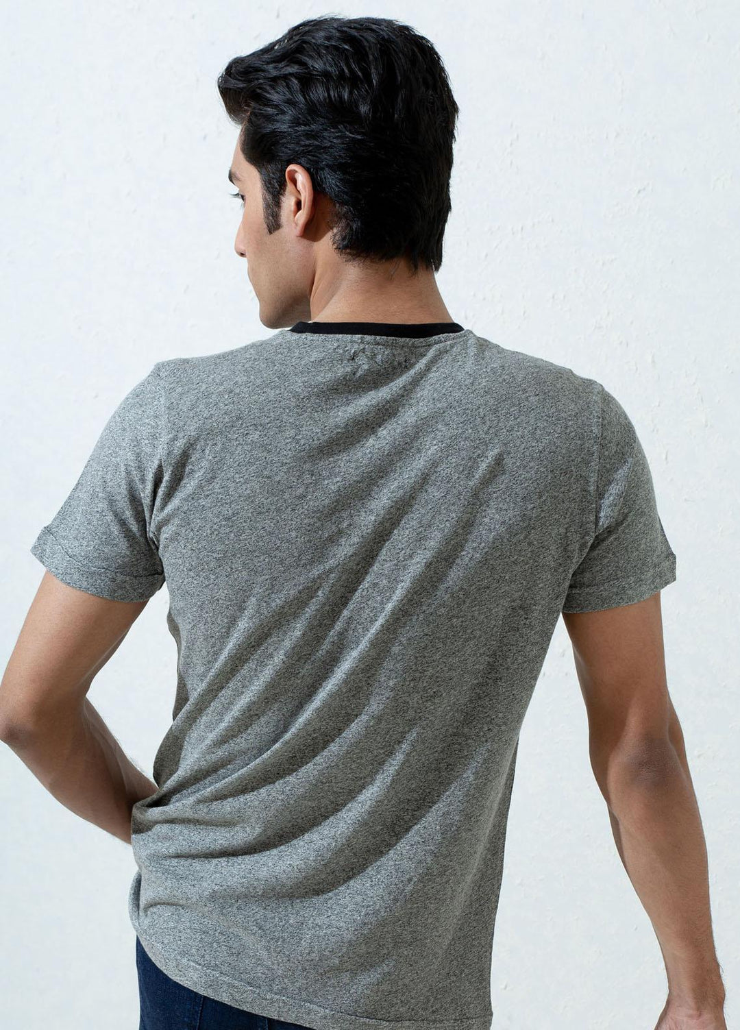 Brumano Cotton Formal T-Shirts for Men -  Grey Marl Crew Neck T-Shirt With Contrasting Rib
