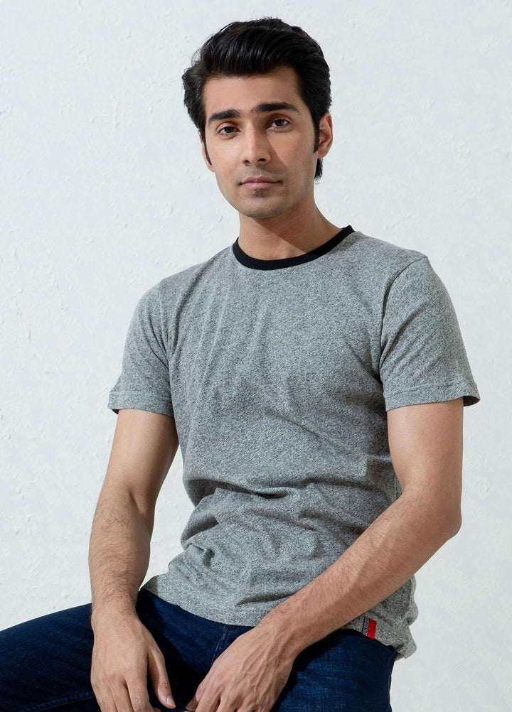 Brumano Cotton Formal T-Shirts for Men -  Grey Marl Crew Neck T-Shirt With Contrasting Rib