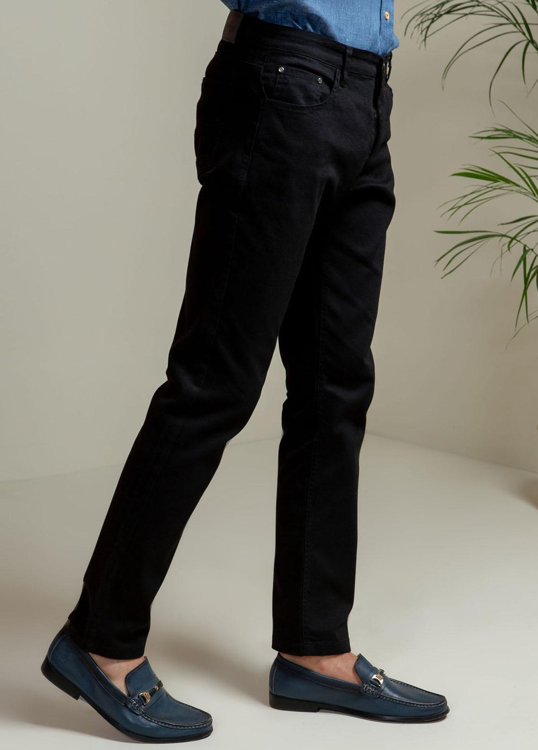 Brumano Cotton Casual Mens Trousers - Blue Black Slub Five Pocket Slim Fit Trouser