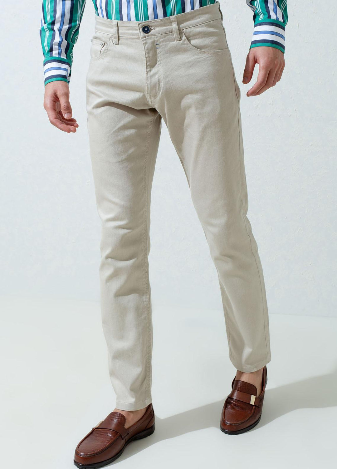 Brumano Cotton Casual Trousers for Mens - Blue Beige Slub Five Pocket Slim Fit Trouser