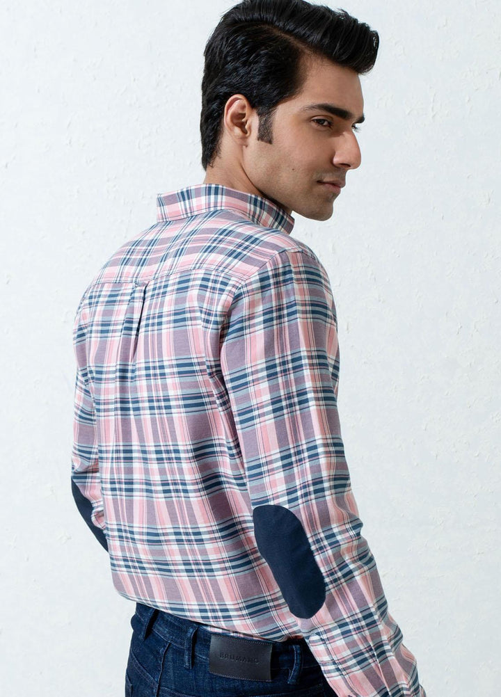Brumano Cotton Full Sleeves Casual Men Shirts -  BM21SH Pink & Navy Checkered Flannel