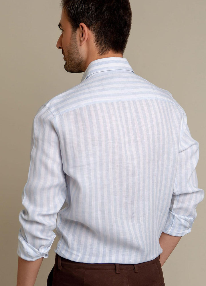 Brumano Linen Formal Shirts for Men -  Sky Blue & White Striped Linen Shirt-SS2022