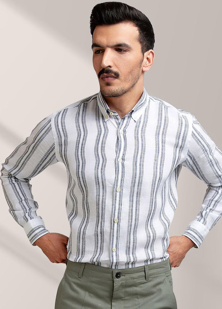 Brumano Linen Formal Men Shirts -  White & Grey Striped Linen Shirt-SS2022