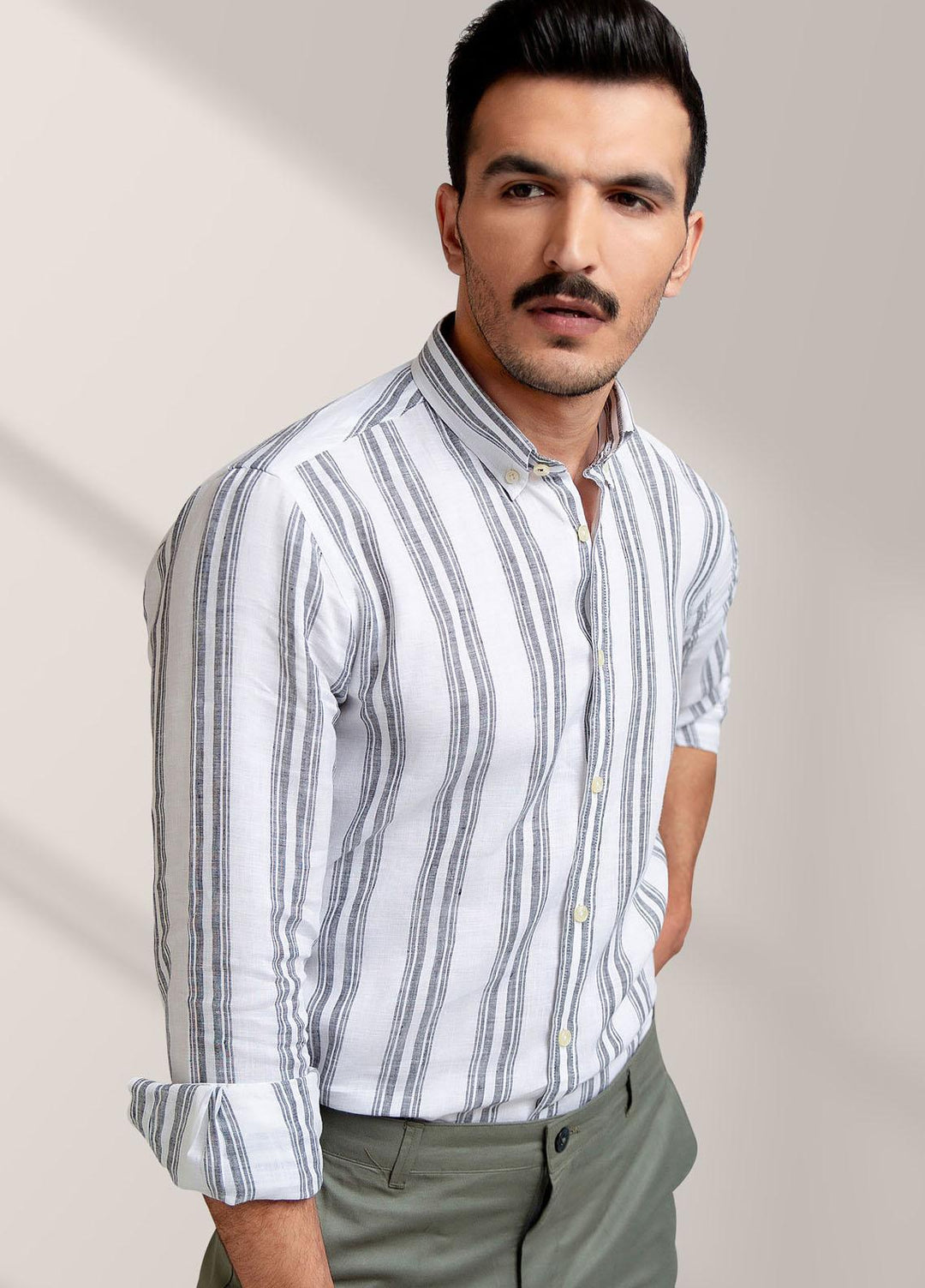 Brumano Linen Formal Men Shirts -  White & Grey Striped Linen Shirt-SS2022