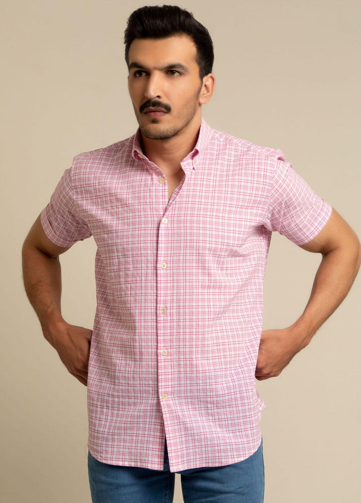 Brumano Cotton  Shirts for Men -  Pink Seersucker Half Sleeve Shirt BRM-1393
