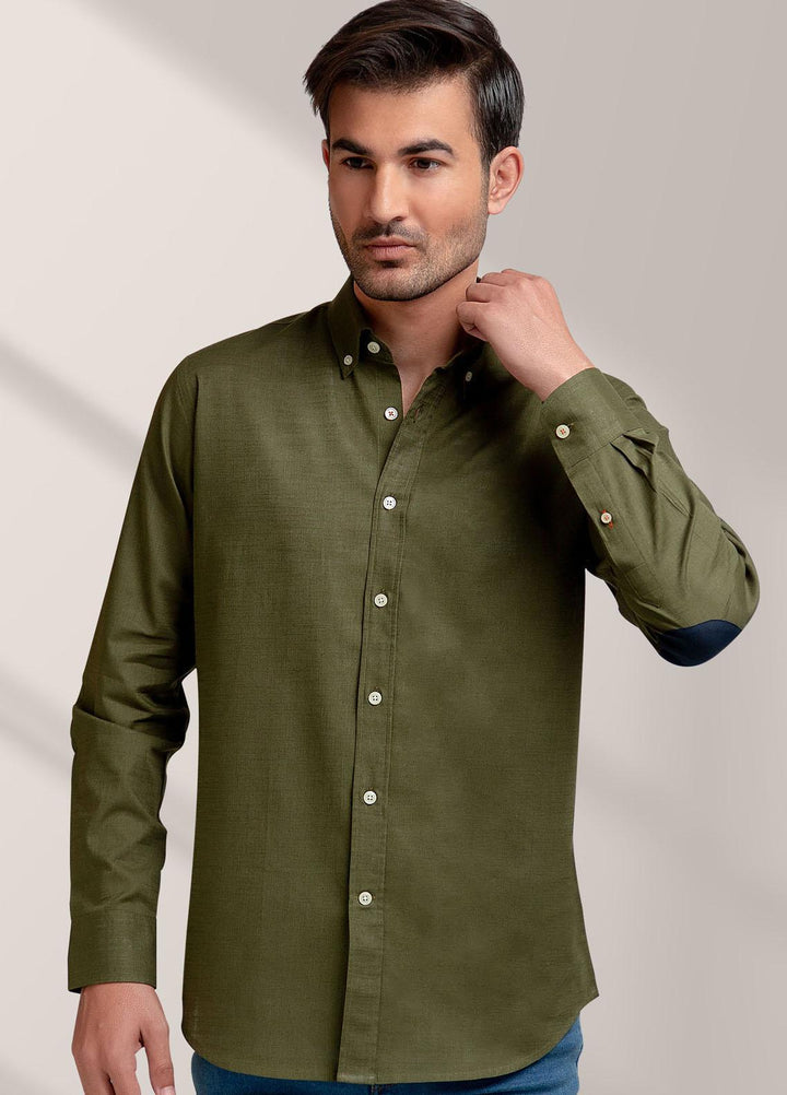 Brumano Cotton Formal Men Shirts -  Olive Green Slub Shirt With Elbow Patch-SS2022