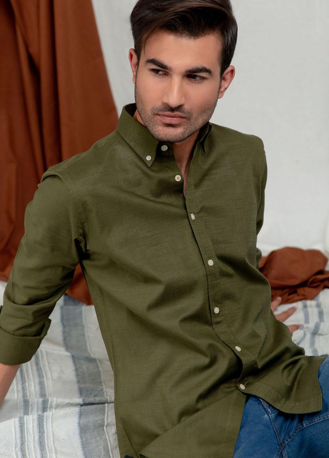 Brumano Cotton Formal Men Shirts -  Olive Green Slub Shirt With Elbow Patch-SS2022