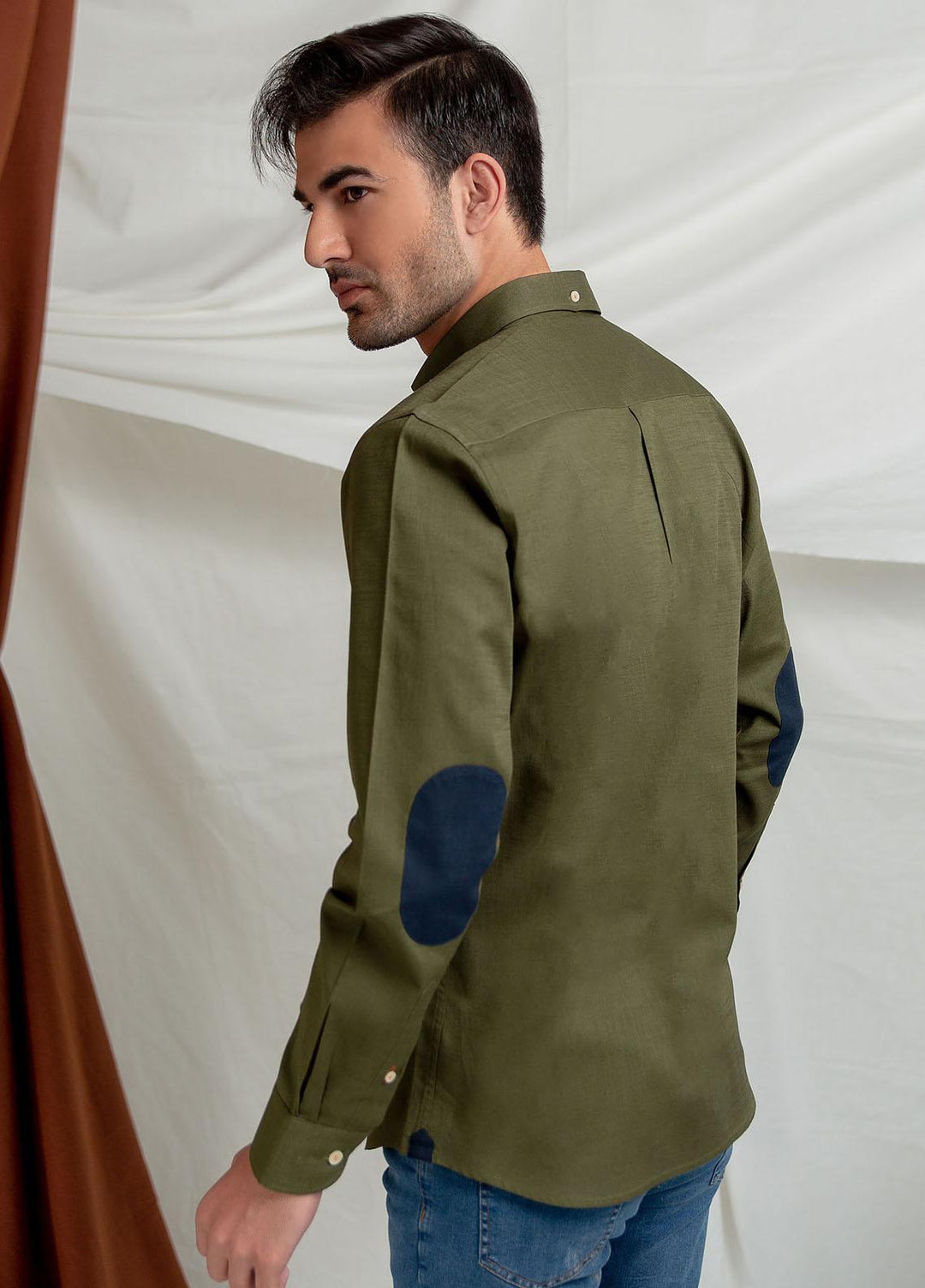 Brumano Cotton Formal Men Shirts -  Olive Green Slub Shirt With Elbow Patch-SS2022