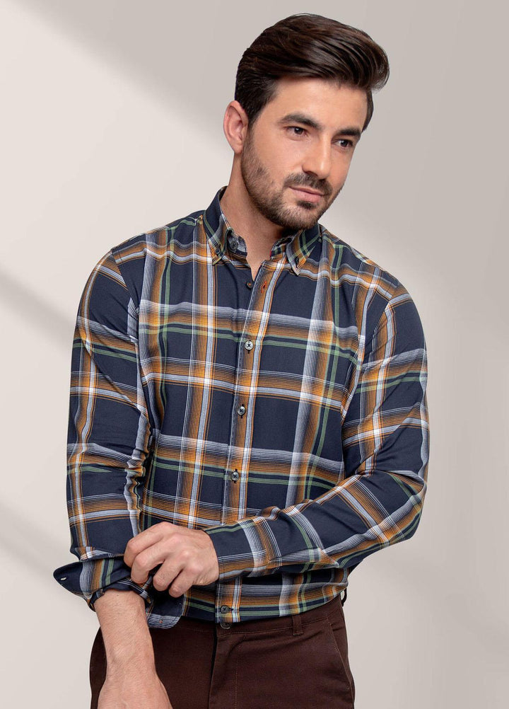 Brumano Cotton Formal Shirts for Men -  Mustard & Navy Blue & Checkerd Shirt-SS2022