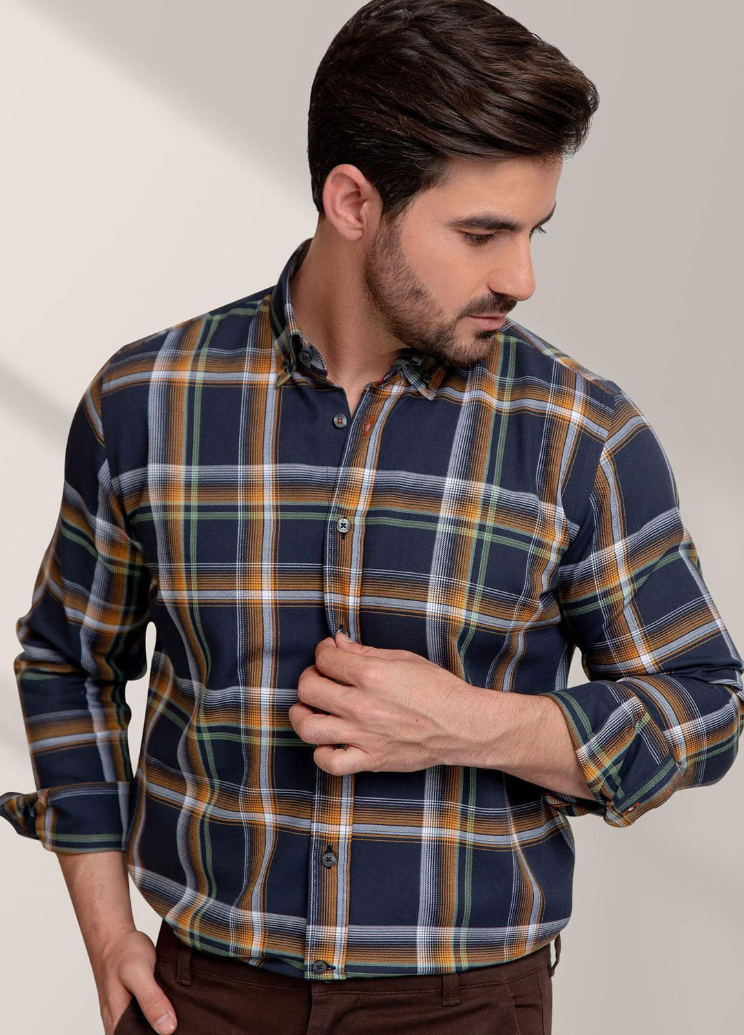 Brumano Cotton Formal Shirts for Men -  Mustard & Navy Blue & Checkerd Shirt-SS2022