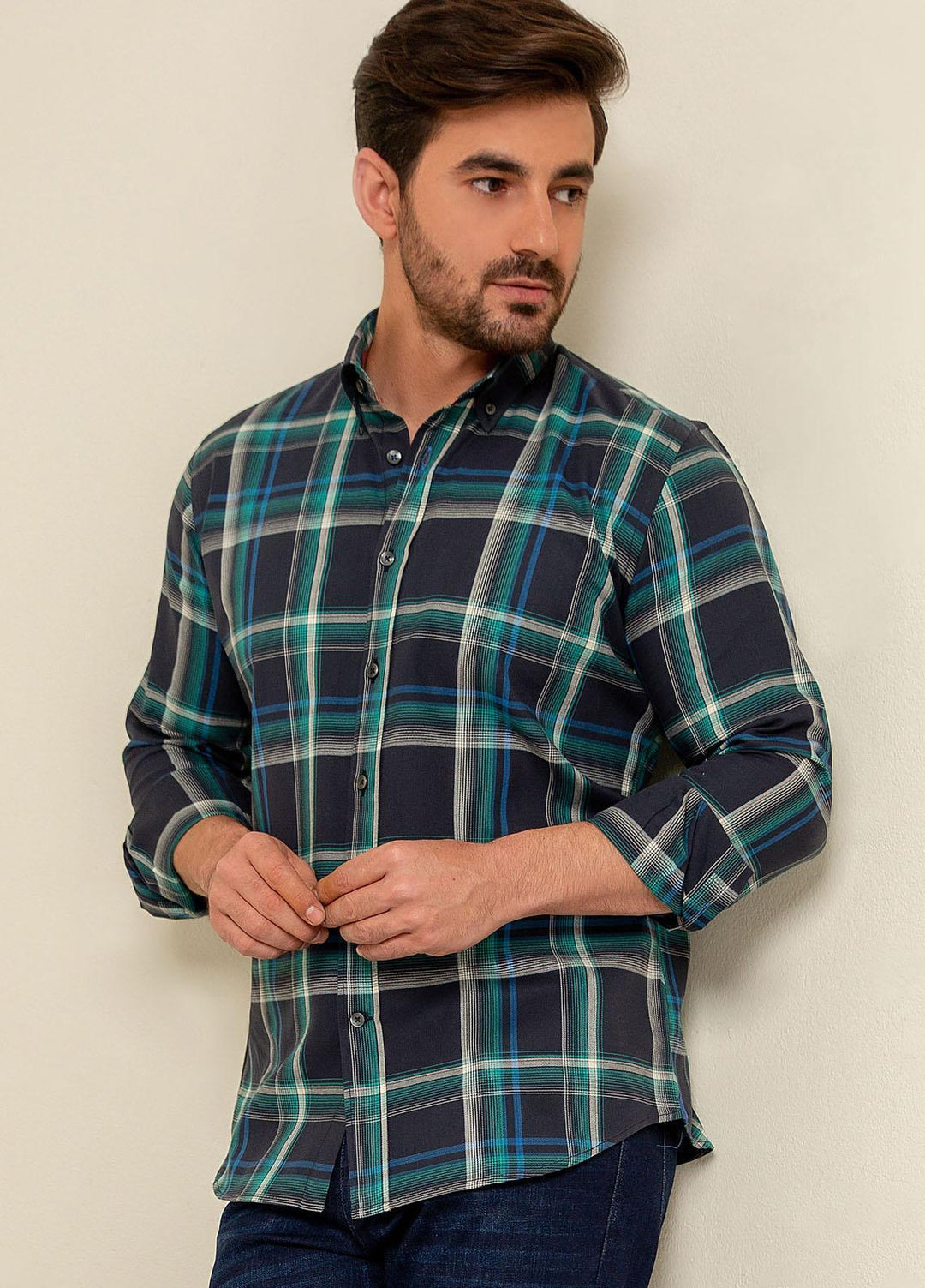 Brumano Cotton Formal Men Shirts -  Green & Navy Blue & Checkerd Shirt-SS2022