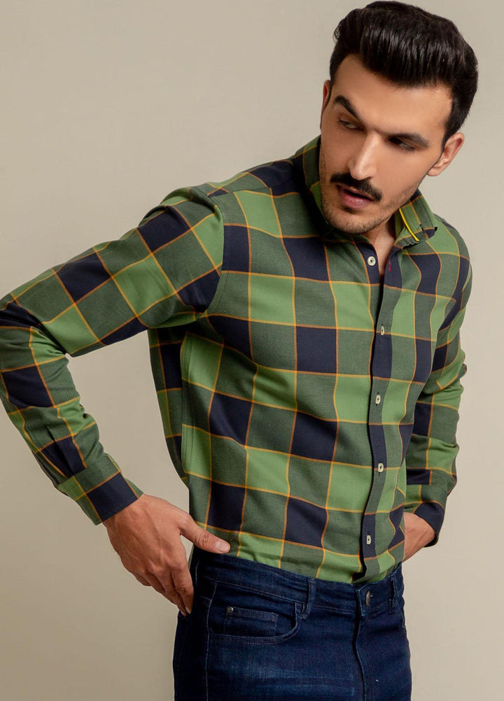 Brumano Cotton Formal Shirts for Men -  Green & Navy Checkered Flannel Shirt-SS2022