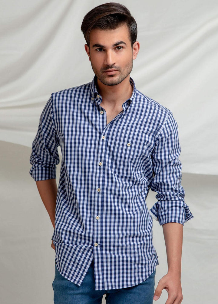 Brumano Cotton Formal Men Shirts -  Blue Gingham Button Down Shirt-SS2022