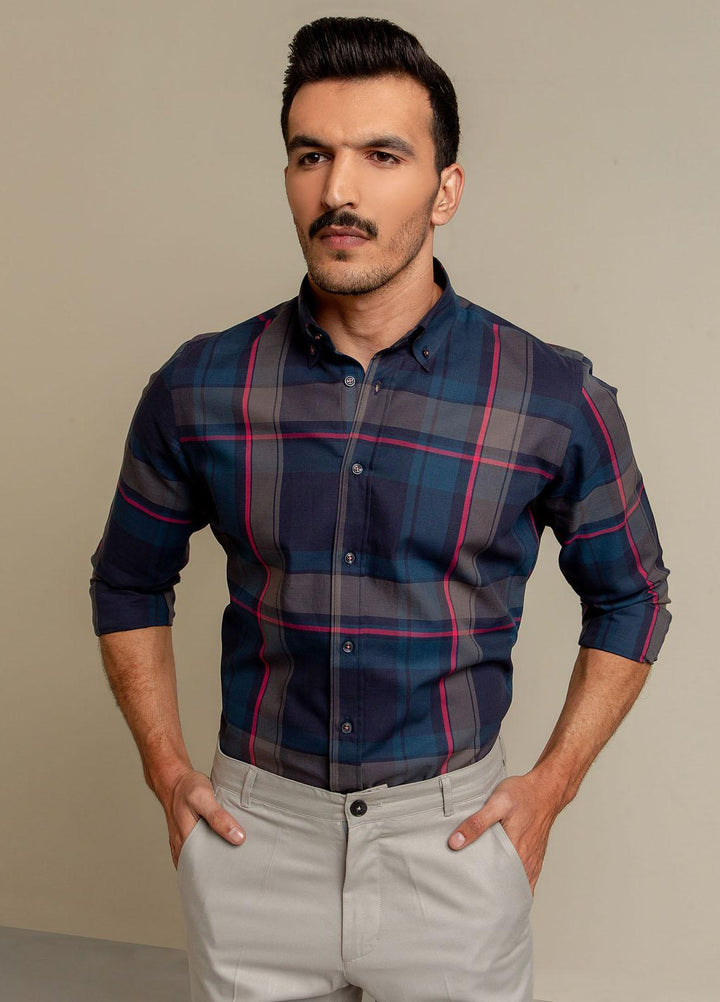 Brumano Cotton  Shirts for Men -  Blue & Grey Flannel Checkered Shirt BRM-1417