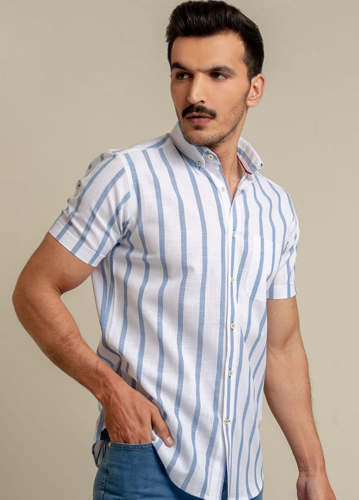 Brumano Cotton  Shirts for Men -  Blue & White Striped Half Sleeve Shirt BRM-1431