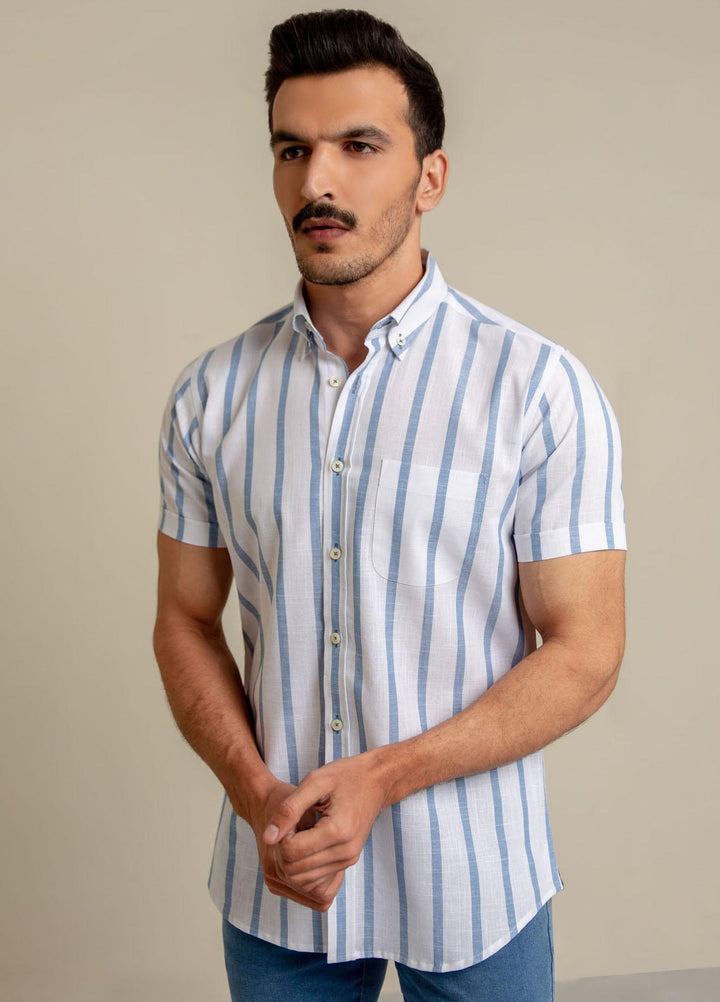 Brumano Cotton  Shirts for Men -  Blue & White Striped Half Sleeve Shirt BRM-1431