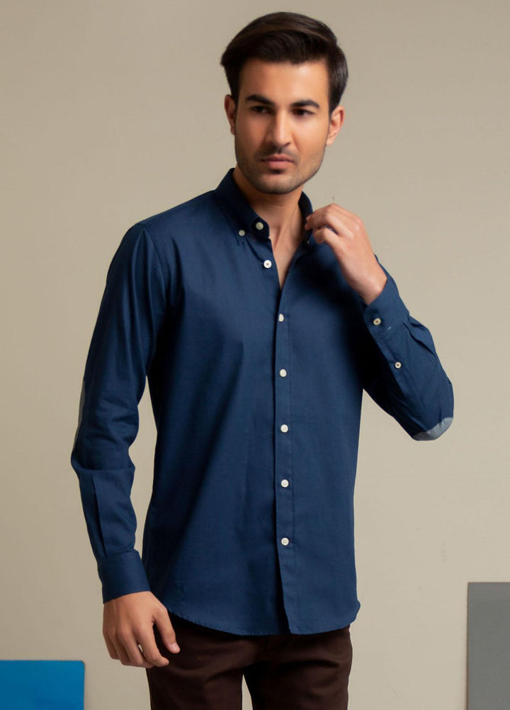 Brumano Cotton  Shirts for Men -  Blue Slub Shirt With Elbow Patch BRM-1433