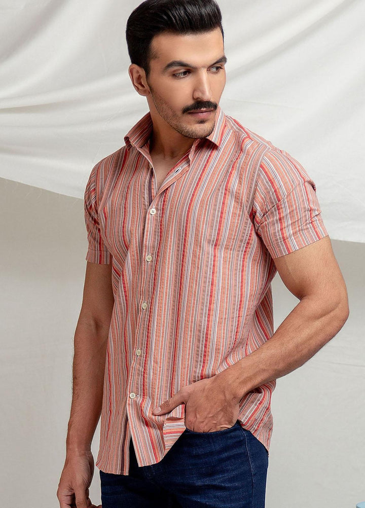 Brumano Cotton  Shirts for Men -  Orange Striped Seersucker Half Sleeve Shirt BRM-1440