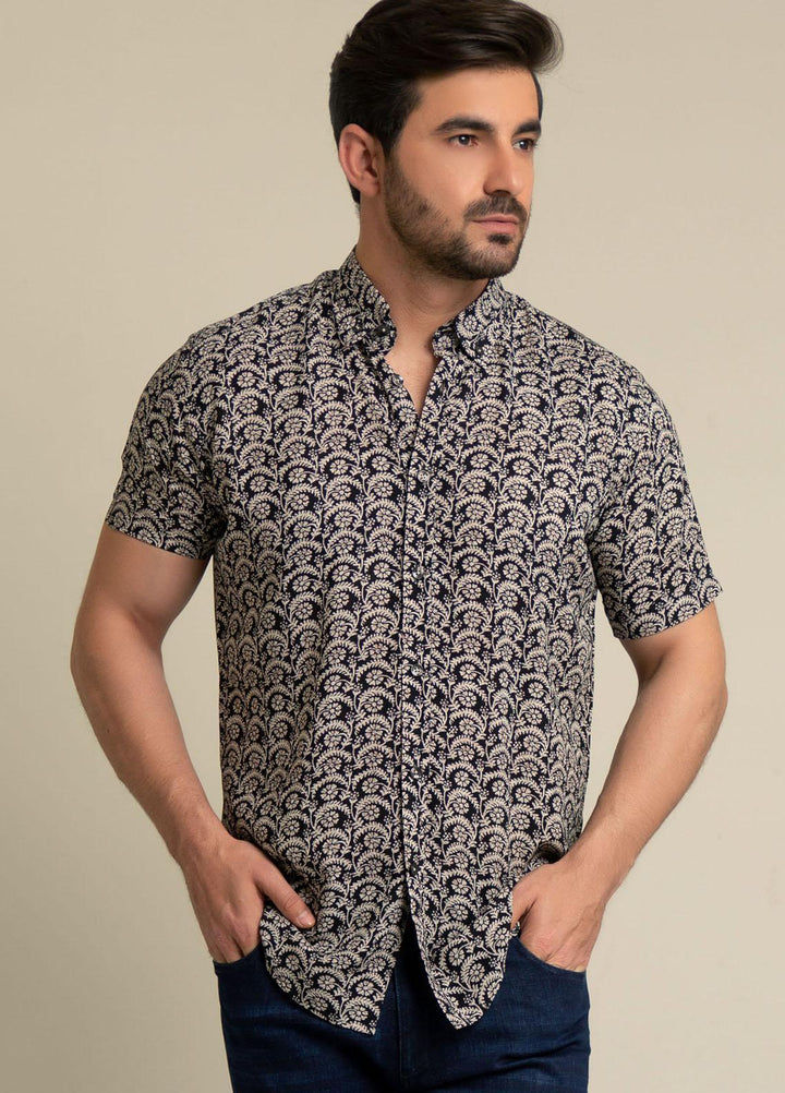 Brumano Cotton  Shirts for Men -  Black & Beige Half Sleeve Floral Printed Shirt BRM-1455
