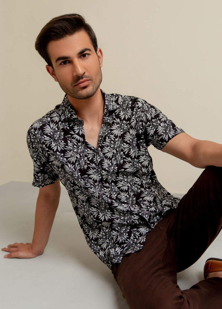 Brumano Cotton  Shirts for Men -  Black Floral Printed Half Sleeve Shirt BRM-1456