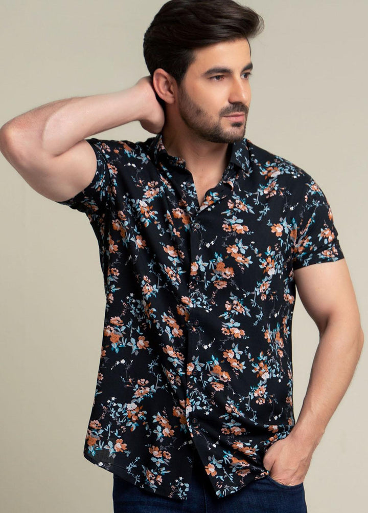 Brumano Cotton  Shirts for Men -  Black & Orange Printed Short Sleeve Shirt BRM-1458