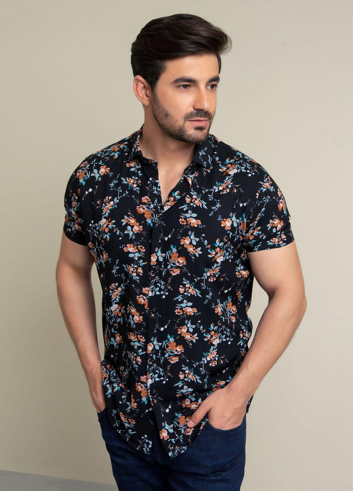 Brumano Cotton  Shirts for Men -  Black & Orange Printed Short Sleeve Shirt BRM-1458