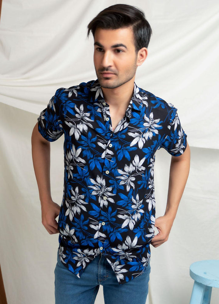 Brumano Cotton  Shirts for Men -  Black & Blue Viscose Printed Half Sleeve Shirt BRM-1459