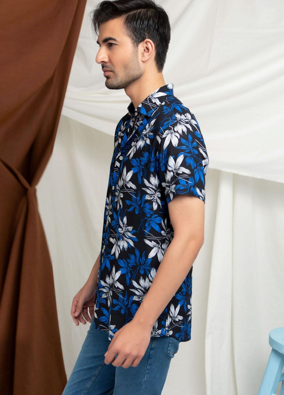 Brumano Cotton  Shirts for Men -  Black & Blue Viscose Printed Half Sleeve Shirt BRM-1459